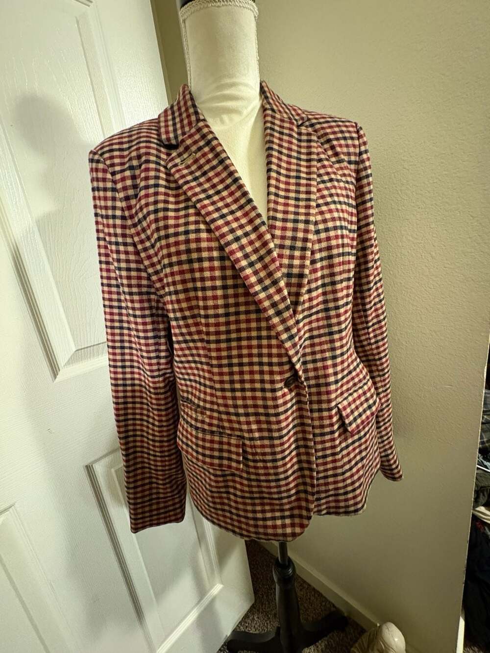 Dark Academia Plaid Blazer Size 12 Red Multi Check Single Button Pocket Jacket